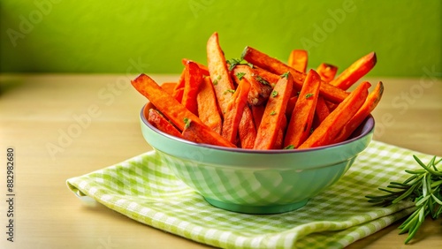 Delicious sweet potato fries in a bowl on a green checked napkin photo