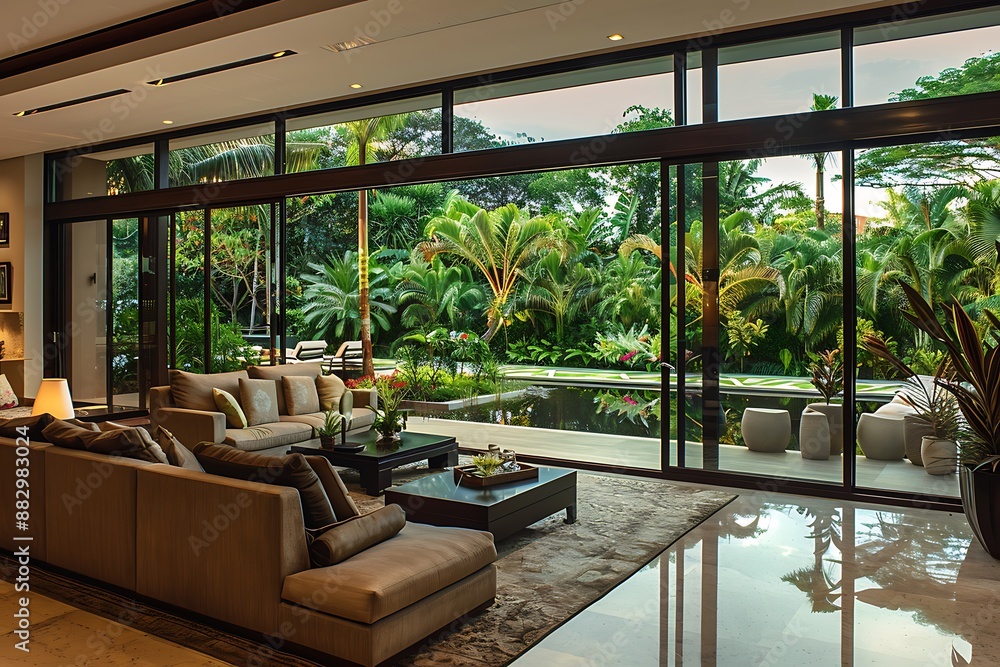 An elegant, contemporary living room with a large glass wall offering a view of a lush tropical garden An elegant, contemporary living room with a large glass wall offering a view of a lush tropical garden