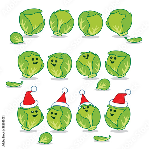 Group of Christmas Brussel Sprouts some with Happy Faces wearing Santa Hats on white background