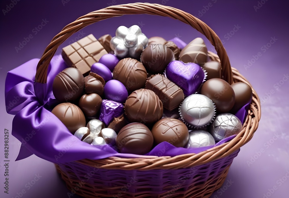 wicker basket brimming with an assortment of Luxury Chocolates wicker basket brimming with an assortment of Luxury Chocolates