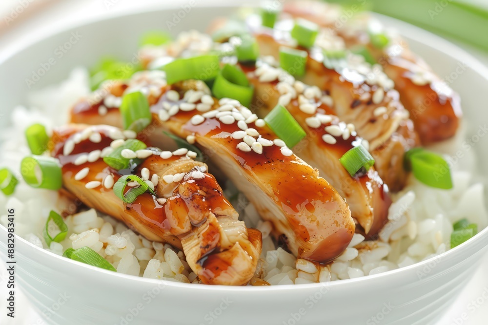 Teriyaki chicken, glazed with a sweet and savory sauce, is a favorite dish served with steamed rice Teriyaki chicken, glazed with a sweet and savory sauce, is a favorite dish served with steamed rice