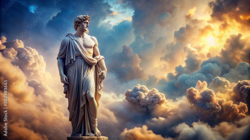 Majestic marble statue of ancient Greek deity stands regally against swirling clouds of surreal, dreamlike, ethereal, gradient-hued ambient background. Majestic marble statue of ancient Greek deity stands regally against swirling clouds of surreal, dreamlike, ethereal, gradient-hued ambient background.