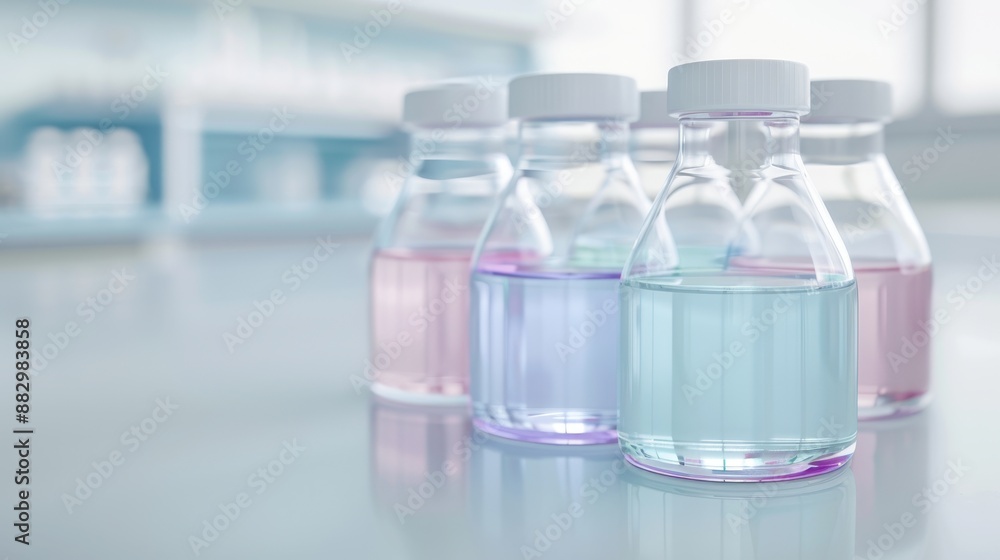 Four bottles of different colored liquids are lined up on a table