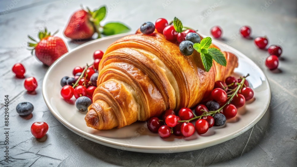Delicate white plate adorned with a flaky, golden croissant, surrounded by vibrant red fruits, against a clean, minimalist background. Delicate white plate adorned with a flaky, golden croissant, surrounded by vibrant red fruits, against a clean, minimalist background.