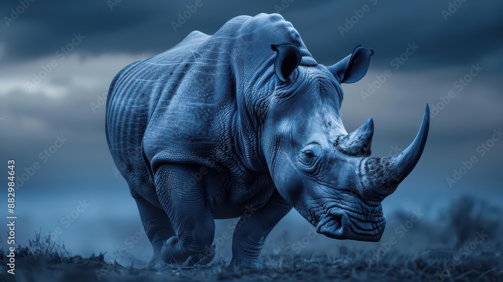 Fototapeta premium The rhinoceros created a supernatural scene, its horn radiating a powerful aura under the twilight sky