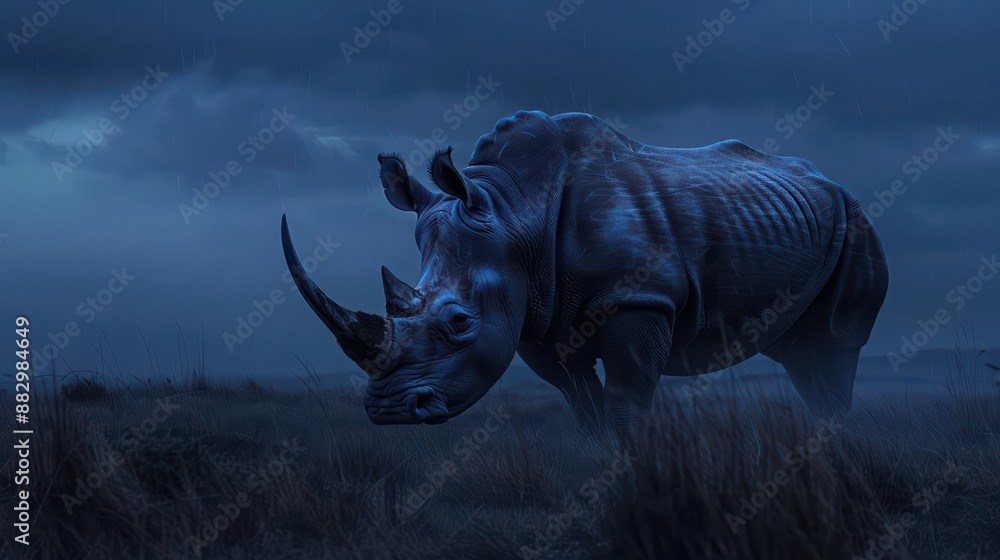 Fototapeta premium The rhinoceros created a supernatural scene, its horn radiating a powerful aura under the twilight sky
