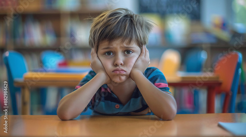 Sad upset schoolboy sits at a desk in a school classroom