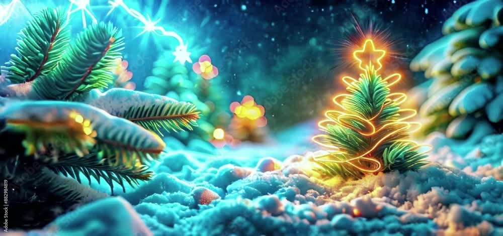 Small Festive Christmas tree on blurred shiny snow background, Slow moving video. Small Festive Christmas tree on blurred shiny snow background, Slow moving video.
