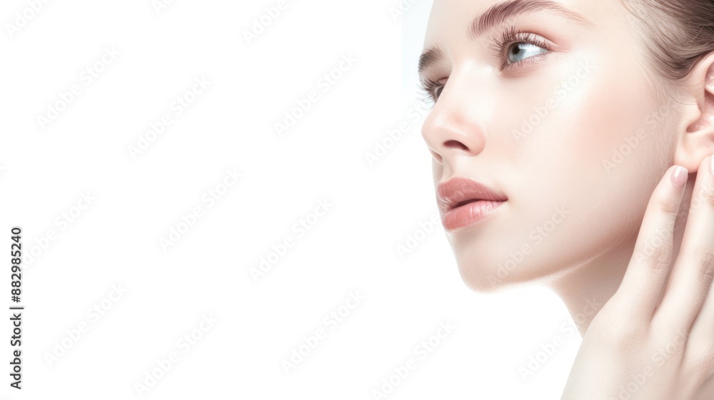 Naklejka premium Radiant Beauty - Elegant Woman with Flawless Skin in Skincare and Beauty Concept on White Background with Studio Light, Generative Ai