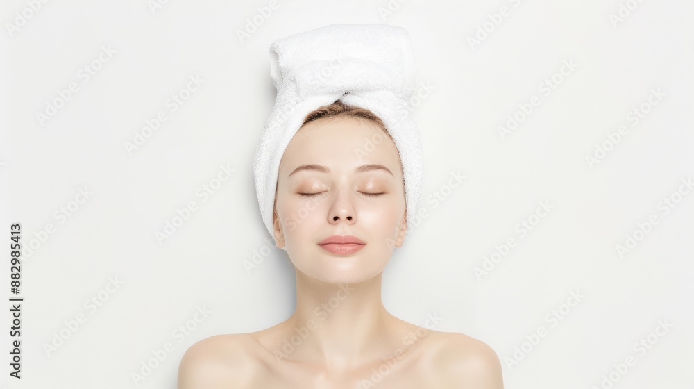 Serene Beauty - Woman with Flawless Skin Enjoying Spa Treatment on White Background. Beauty and Wellness Concept., Generative Ai Serene Beauty - Woman with Flawless Skin Enjoying Spa Treatment on White Background. Beauty and Wellness Concept., Generative Ai