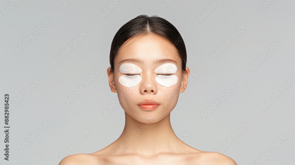 Radiant Woman Applying Under-Eye Patches in Studio Light on White Background. Beauty and Skincare Concept., Generative Ai Radiant Woman Applying Under-Eye Patches in Studio Light on White Background. Beauty and Skincare Concept., Generative Ai