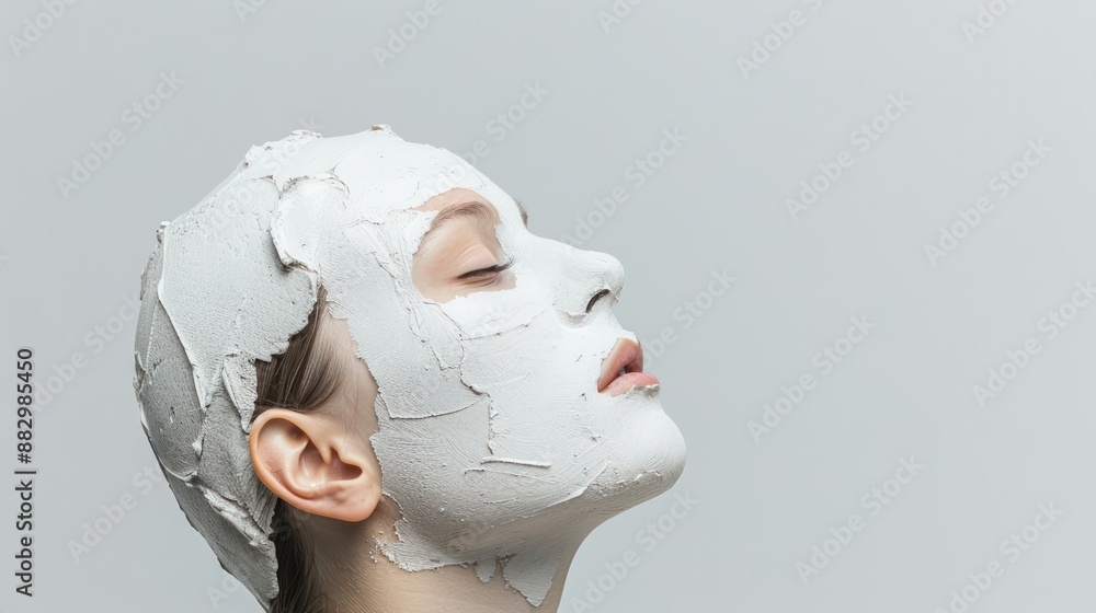 Naklejka premium Serene Woman with White Clay Mask for Beauty Concept on Isolated White Background, Generative Ai