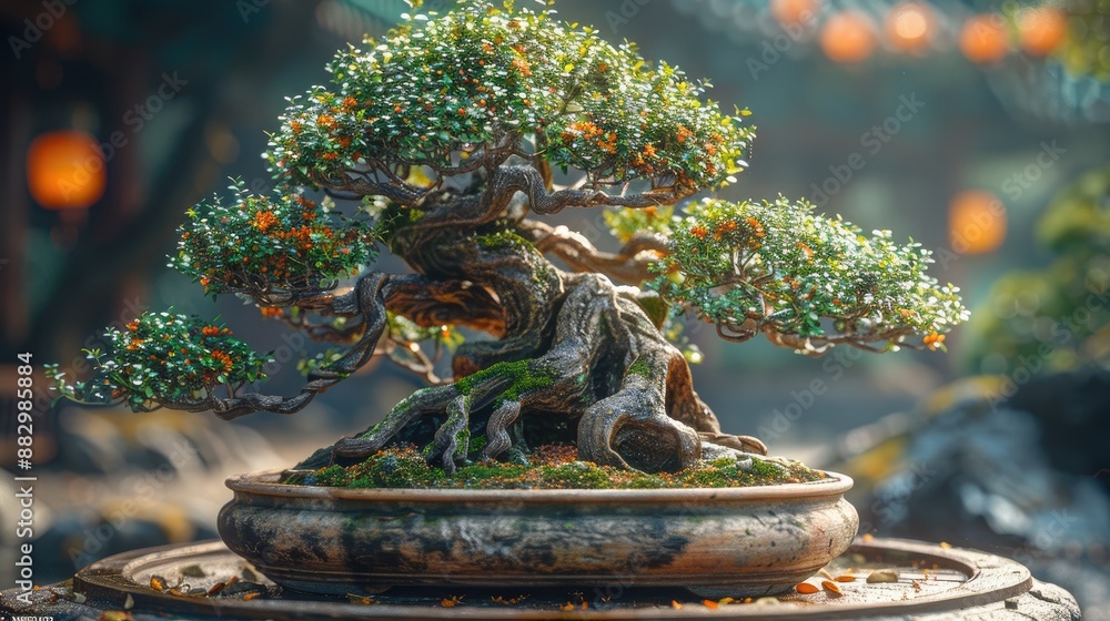 Fototapeta premium Ancient Bonsai Tree with Blooming Flowers