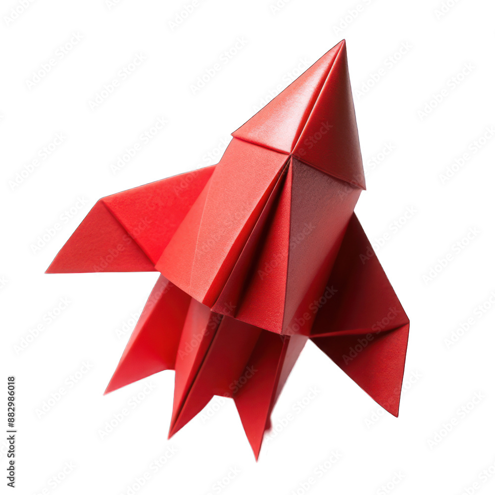 Red origami rocket isolated on transparent background