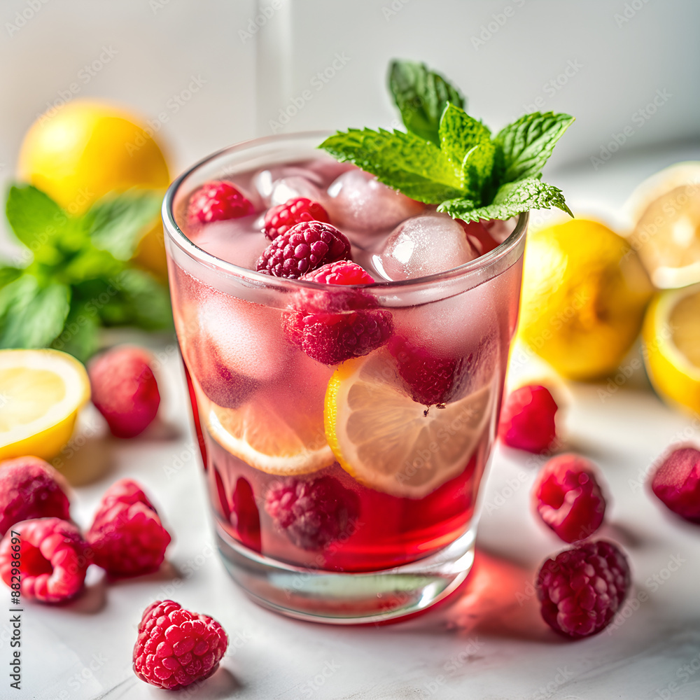 A close-up view of a refreshing cold drink is presented. The glass is filled with a red fruity beverage, likely containing raspberry and lemon juice given the visible ingredients A close-up view of a refreshing cold drink is presented. The glass is filled with a red fruity beverage, likely containing raspberry and lemon juice given the visible ingredients
