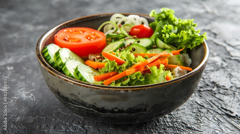 High angle of ceramic bowl with tasty healthy salad and vegetables placed with sliced cucumber and tomato with cutlery and fabric over gray table. High angle of ceramic bowl with tasty healthy salad and vegetables placed with sliced cucumber and tomato with cutlery and fabric over gray table.