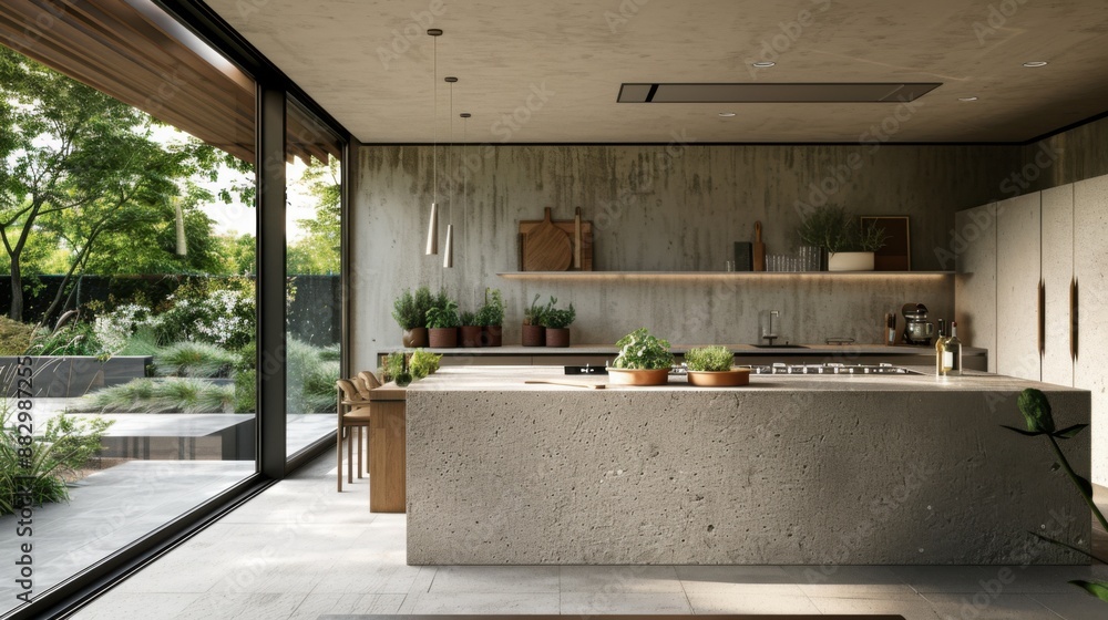 Modern minimalist kitchen with large windows and concrete counters ...