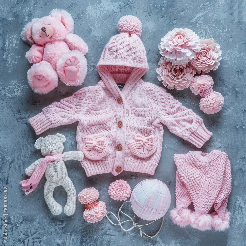 Set of pink clothes and accessories fot newborn girl. Toys, bodysuit, jeans, knitted cardigan on grey background. Mock up tor text. Baby shower concept. Flat lay, top view. Set of pink clothes and accessories fot newborn girl. Toys, bodysuit, jeans, knitted cardigan on grey background. Mock up tor text. Baby shower concept. Flat lay, top view.