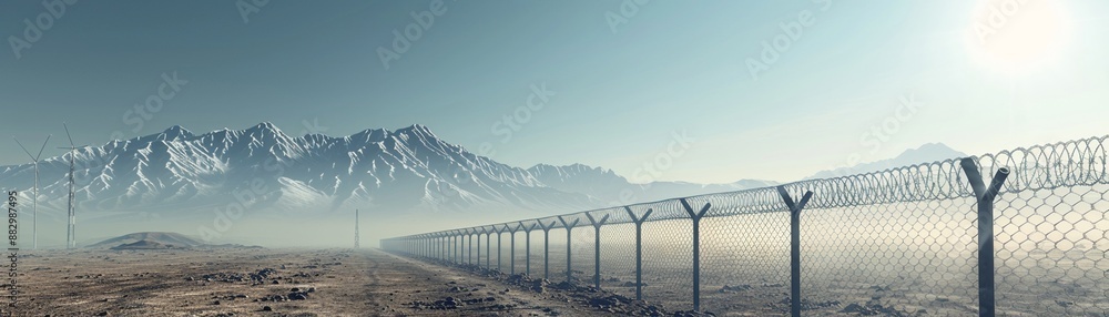 Border checkpoint with guards and surveillance towers, strict defense standards, realistic, digital render, high detail, controlled access, secure area Border checkpoint with guards and surveillance towers, strict defense standards, realistic, digital render, high detail, controlled access, secure area