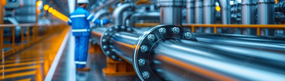 Fototapeta premium A large industrial project site, alloy pipelines and machinery, engineers inspecting, realistic, highdefinition image, detailed composition, vibrant colors, development scene
