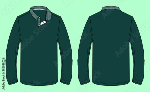 mens jacquard collar long sleeve green colour pique polo shirt fashion illustration flat sketch vector.