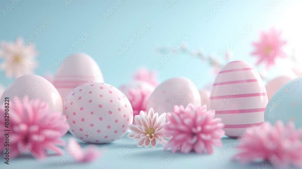A blue background with pink flowers and white eggs A blue background with pink flowers and white eggs