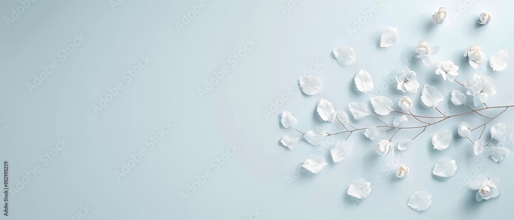 Delicate white petals scattered on a light blue background, ideal for natural and serene themed designs. Delicate white petals scattered on a light blue background, ideal for natural and serene themed designs.