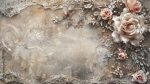 Elegant Lace and Crystals with Distressed Grunge Stained Watercolor - Tonal Muted Colors in Antique French Parisian Label Style