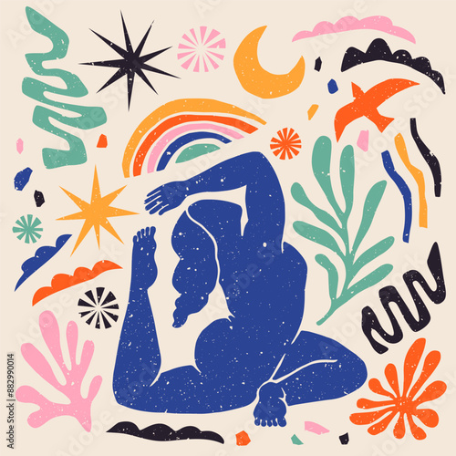 Hand drawn vector abstract graphic illustration with meditating woman in yoga position, coral, rainbow, starfish and other elements isolated over beige background