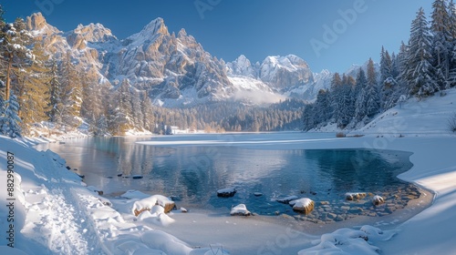 Serene snowy mountain lake - generative ai photo