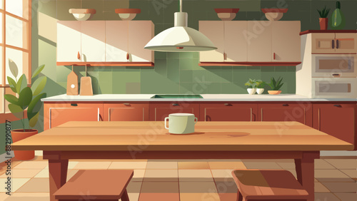 dining room Wooden table on blurred kitchen bench background. Empty wooden table and blurred kitchen background