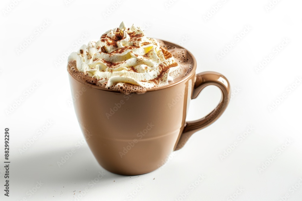 A mug of hot chocolate with whipped cream and a sprinkle of cinnamon, isolated on a white background A mug of hot chocolate with whipped cream and a sprinkle of cinnamon, isolated on a white background