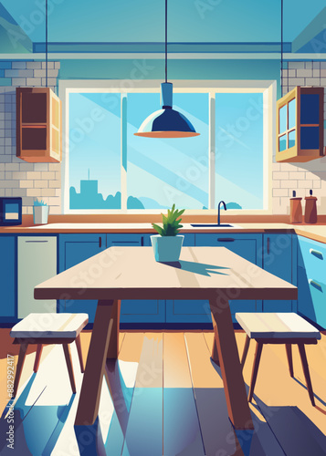 dining room Wooden table on blurred kitchen bench background. Empty wooden table and blurred kitchen background