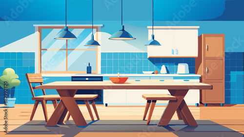 dining room Wooden table on blurred kitchen bench background. Empty wooden table and blurred kitchen background