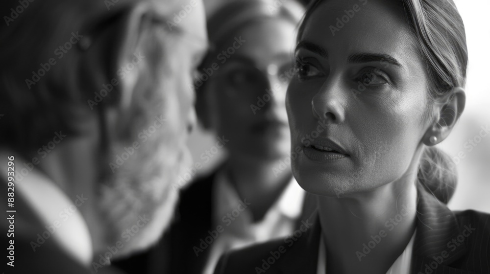 A professional woman in formal attire posing in a monochrome setting A professional woman in formal attire posing in a monochrome setting
