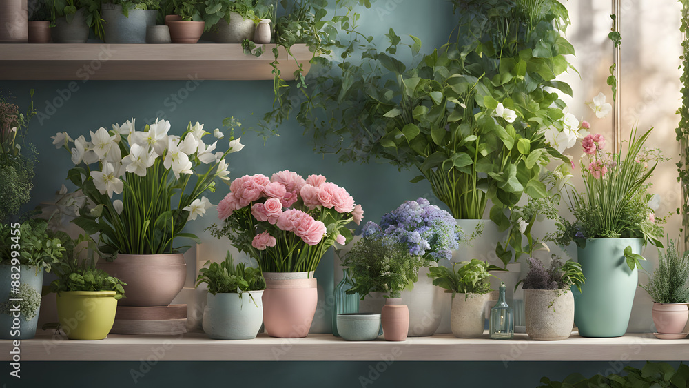 A florist full of fresh flowers from a pastel planter, surrounded by plants and potted greens on a shelf, ai A florist full of fresh flowers from a pastel planter, surrounded by plants and potted greens on a shelf, ai