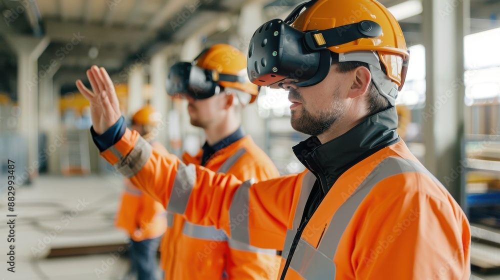 Construction workers using VR technology for training on a construction site. They are wearing protective gear including helmets and safety vests. Construction workers using VR technology for training on a construction site. They are wearing protective gear including helmets and safety vests.