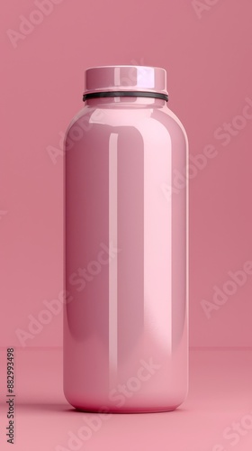 A pink water bottle with a black cap sits on a pink background