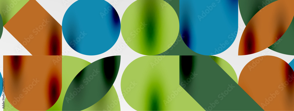 Mosaic geometric elements. Colorful circles, round geometric shapes and lines with shadow 3d effects. Simple forms abstract background for wallpaper, banner, template or landing Mosaic geometric elements. Colorful circles, round geometric shapes and lines with shadow 3d effects. Simple forms abstract background for wallpaper, banner, template or landing