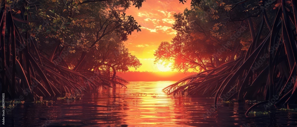 Obraz premium Serene sunset over calm river with lush green trees and golden sky, capturing the beauty of nature's tranquility and peaceful ambiance