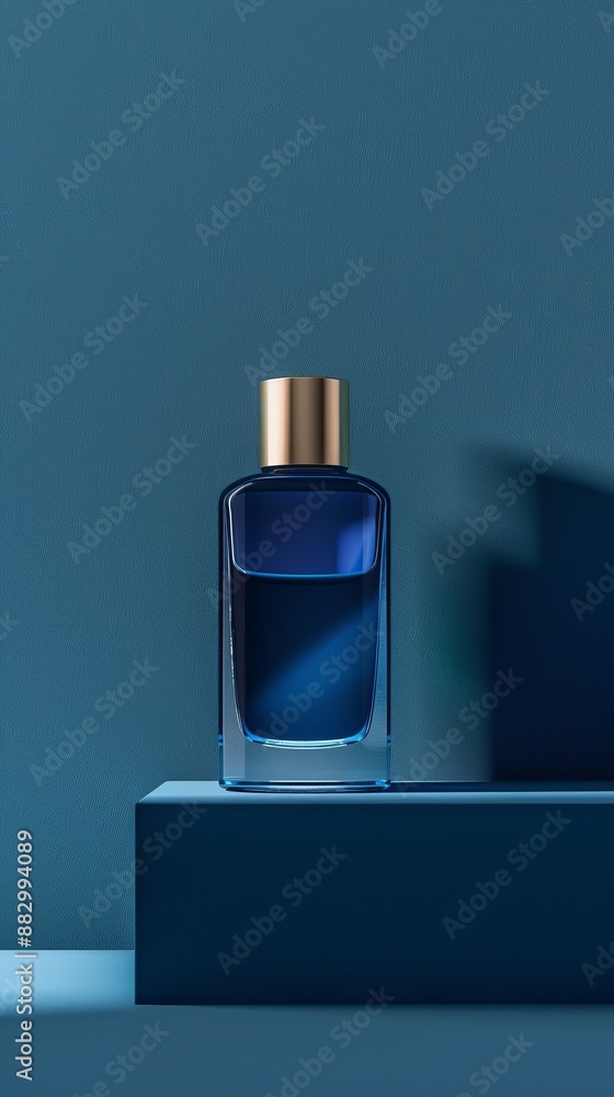 A bottle of perfume is sitting on a blue surface A bottle of perfume is sitting on a blue surface