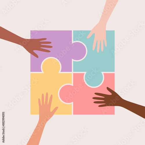 Hands of people of different nationalities and skin tones putting together colorful puzzle pieces. Vector illustration in flat style