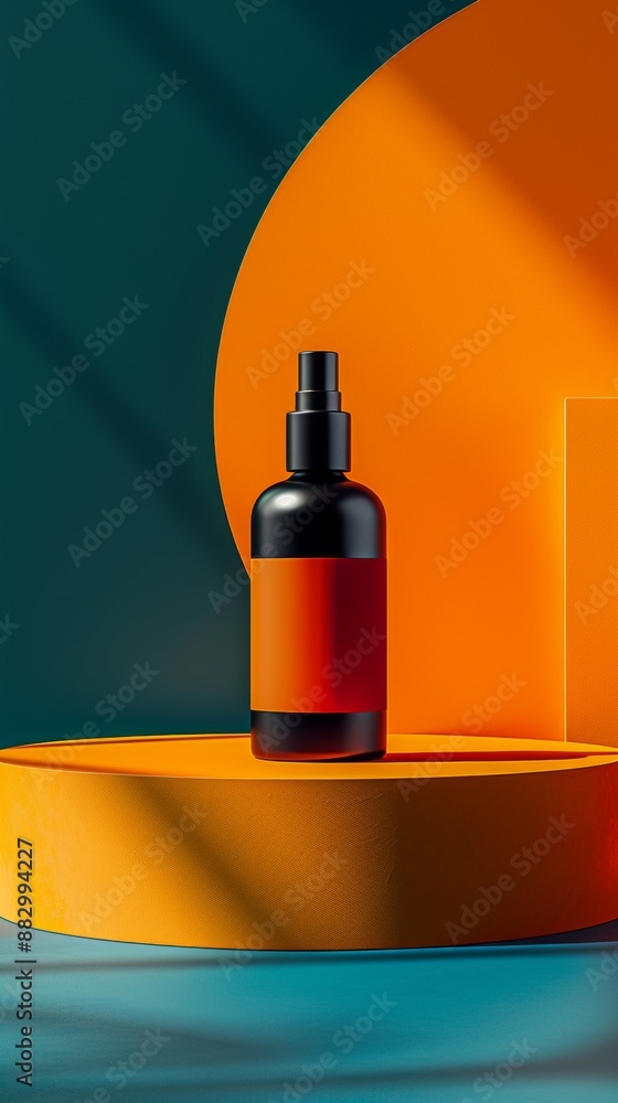 A bottle of perfume is sitting on a pedestal in front of a green A bottle of perfume is sitting on a pedestal in front of a green