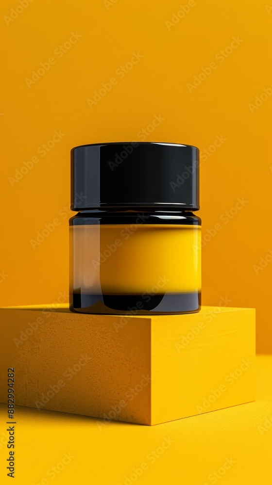 A bottle of yellow nail polish sits on a yellow square A bottle of yellow nail polish sits on a yellow square