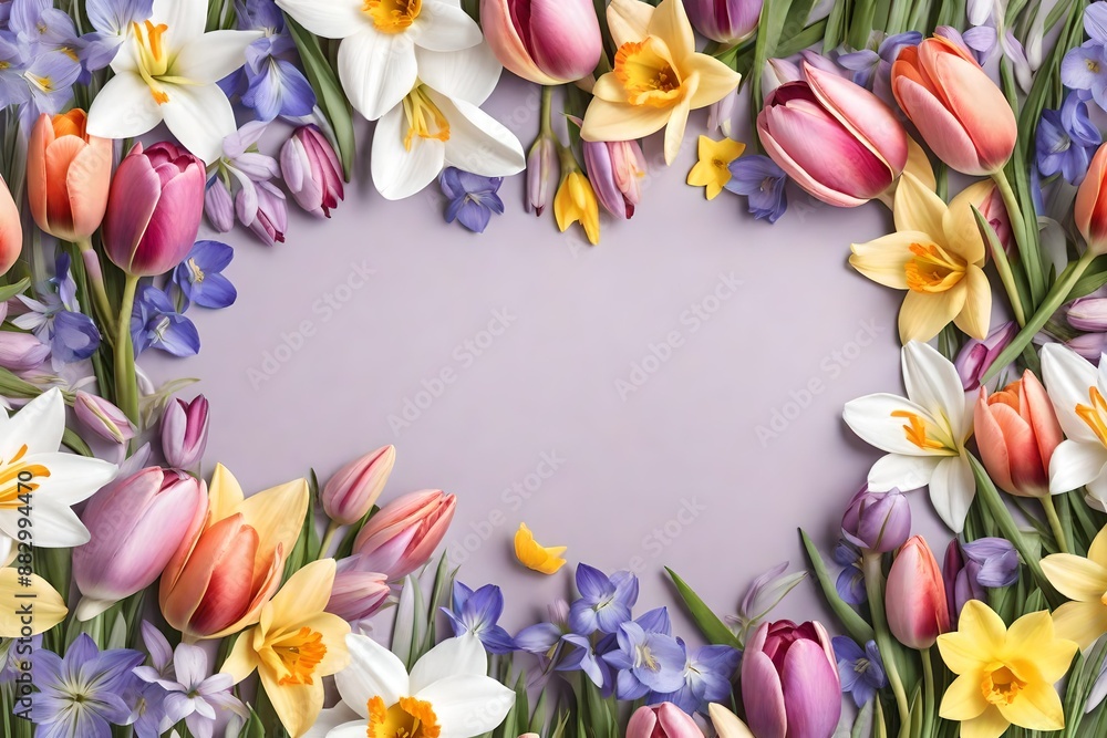 custom made wallpaper toronto digitalFloral background. Spring flowers frame with tulips, daffodils, crocuses, hyacinths.
