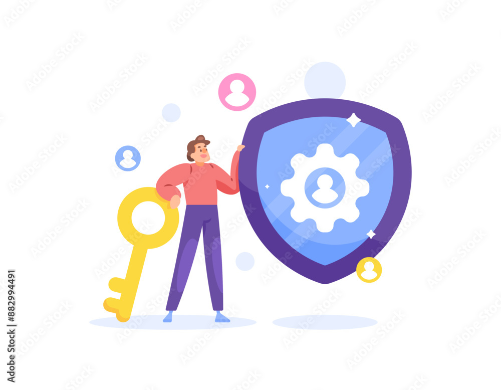 the concept of identity and access management or IAM. control or manage user access rights. key to access the system. security system. illustration of man with shield and lock. flat style design the concept of identity and access management or IAM. control or manage user access rights. key to access the system. security system. illustration of man with shield and lock. flat style design