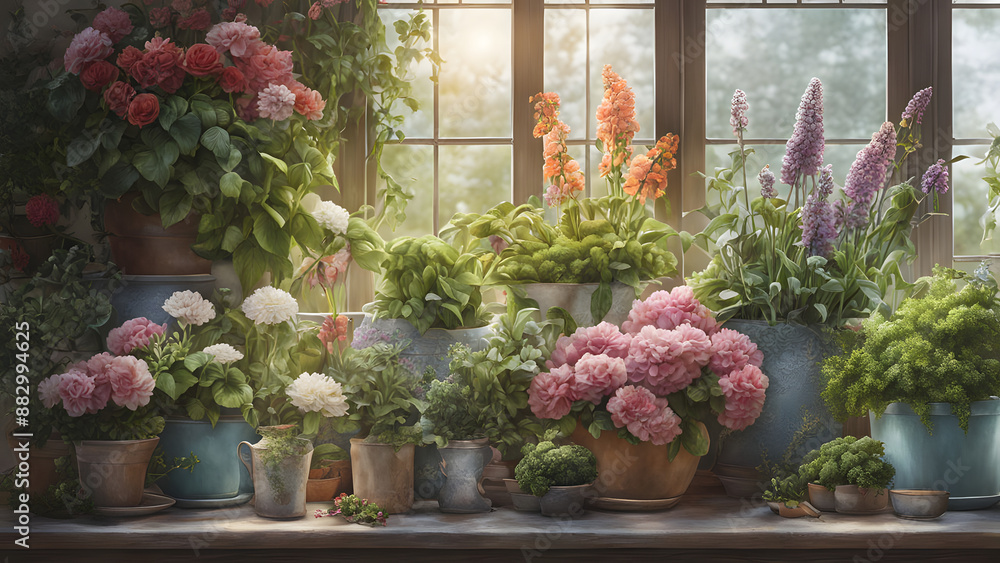 A florist full of fresh flowers from a pastel planter, surrounded by plants and potted greens on a shelf, ai A florist full of fresh flowers from a pastel planter, surrounded by plants and potted greens on a shelf, ai