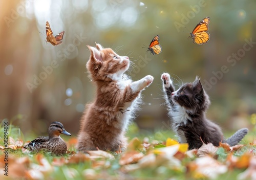 cat playing with the autumn leaves in the forest