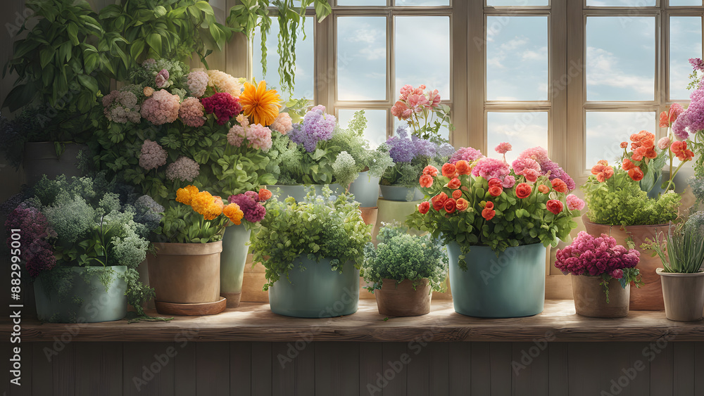 A florist full of fresh flowers from a pastel planter, surrounded by plants and potted greens on a shelf, ai A florist full of fresh flowers from a pastel planter, surrounded by plants and potted greens on a shelf, ai