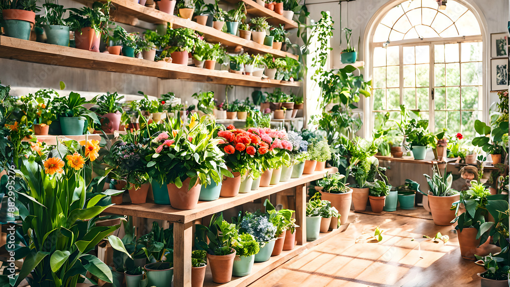 Fototapeta premium A florist full of fresh flowers from a pastel planter, surrounded by plants and potted greens on a shelf, ai 